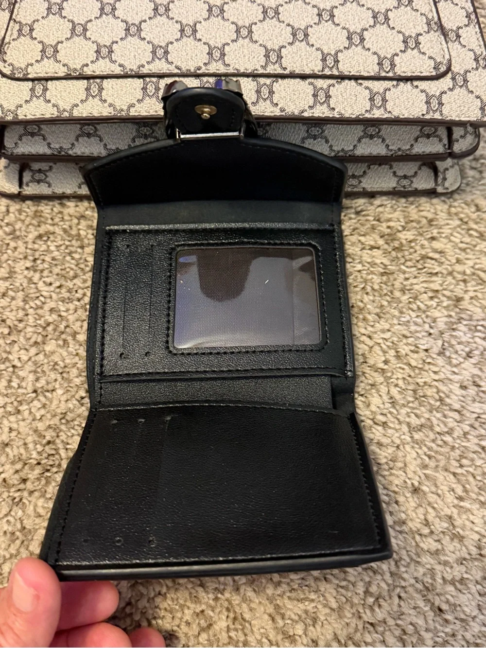 Beige Brown Monogram Shoulder Bag with Gold Buckle with a matching wallet.